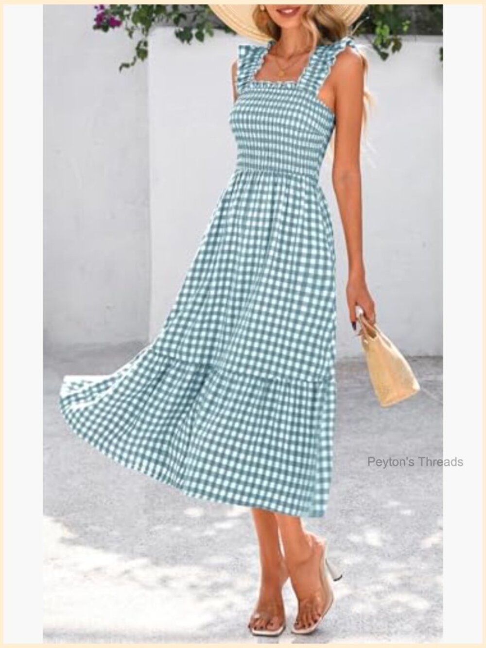 Women's Summer Dress Square Neck Ruffle Strap Gingham Smocked Midi Flowy A-Line - Picture 3 of 7